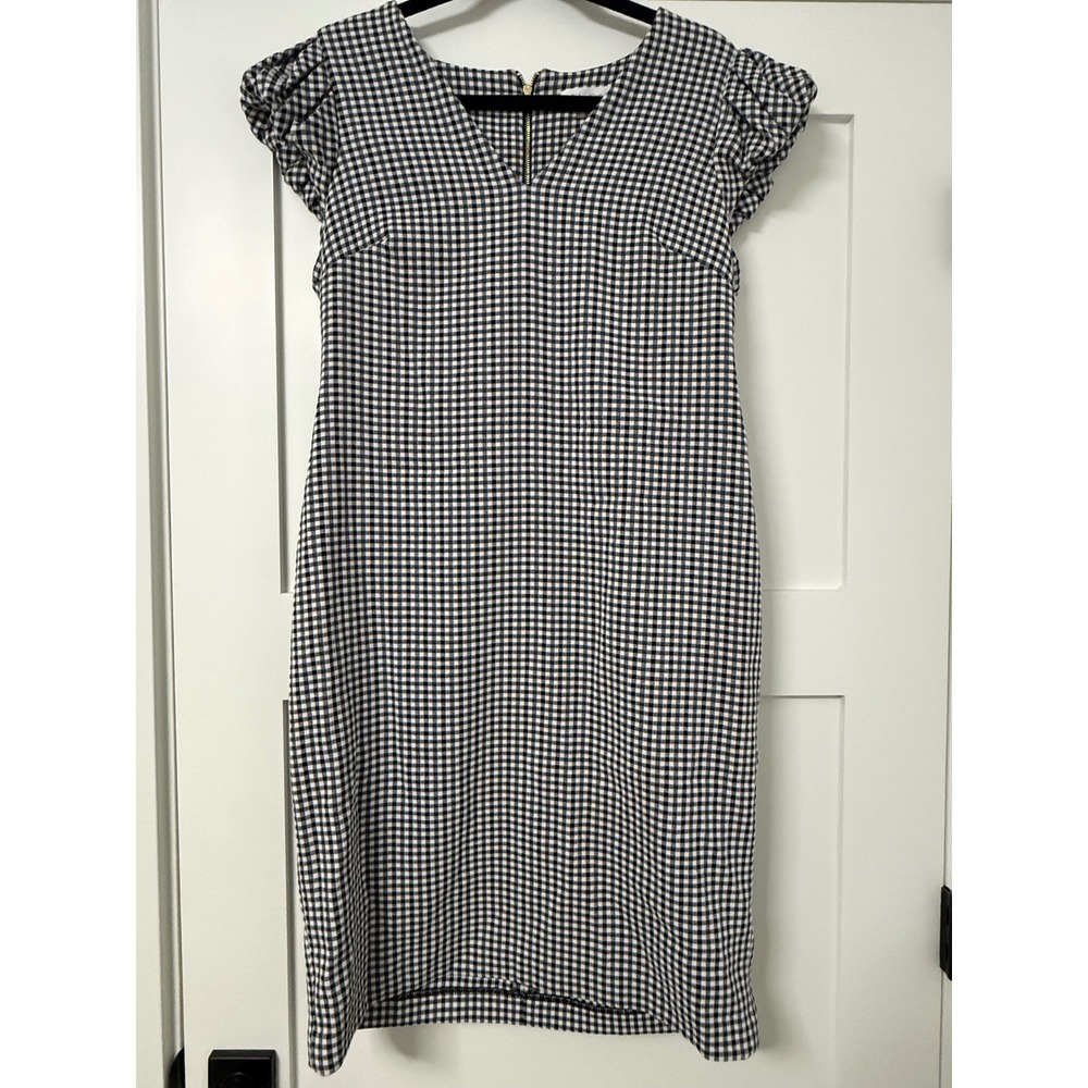 Calvin Klein Gingham Ruffle Sleeve Sheath Dress Navy White V-Neck Size 14